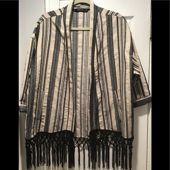 Zara Jackets & Blazers - Zara Basics Blue/Tan Fringed Jacket Size L